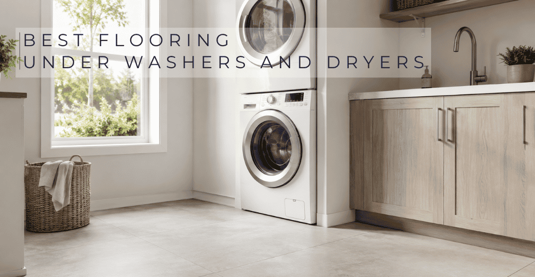 Modern laundry room with stacked washer and dryer, utility sink, cabinetry, and light gray large-format tile flooring.