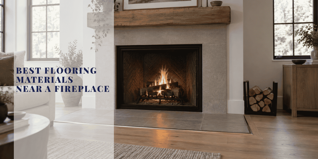 Modern living room with a wood-burning fireplace, matte gray porcelain tile hearth extension, and white oak flooring separated by a metal transition strip.