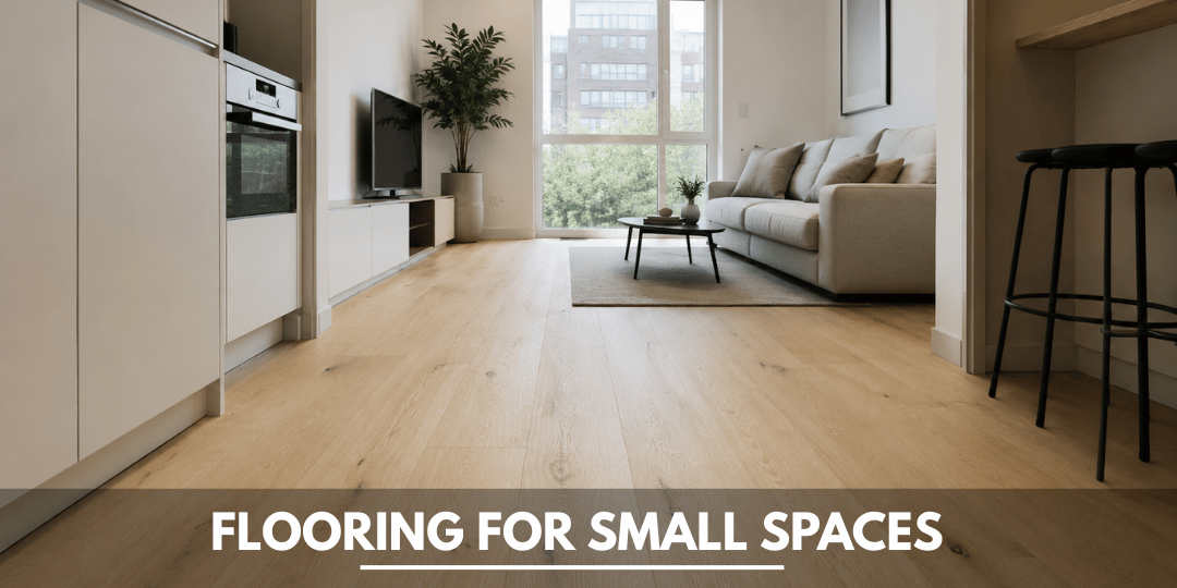 Image is showing small compact living room portraying "Flooring for Small Spaces" concept