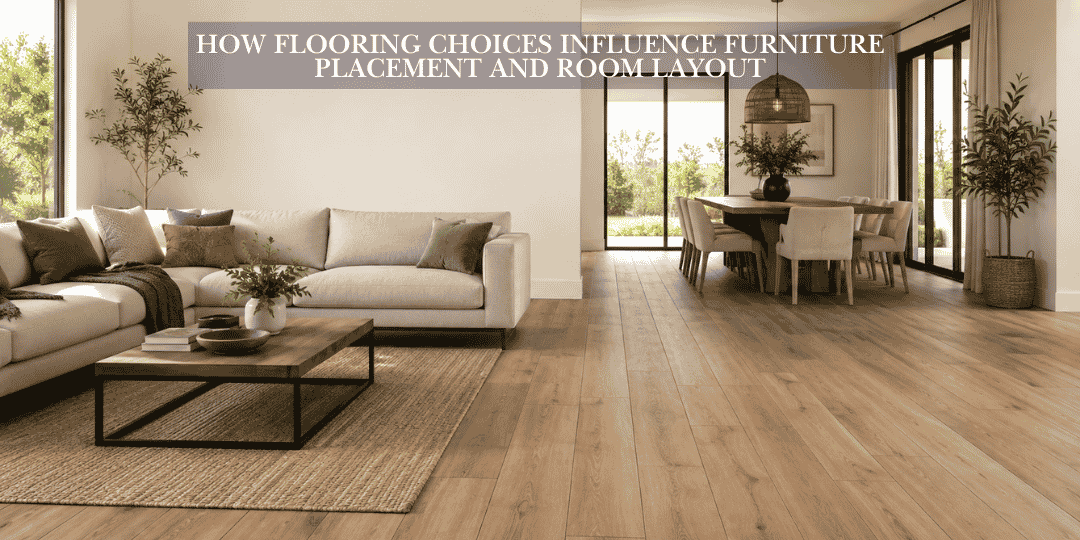 Open-plan living and dining room with wood plank flooring aligned with furniture placement and room flow