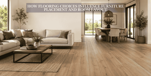 Open-plan living and dining room with wood plank flooring aligned with furniture placement and room flow
