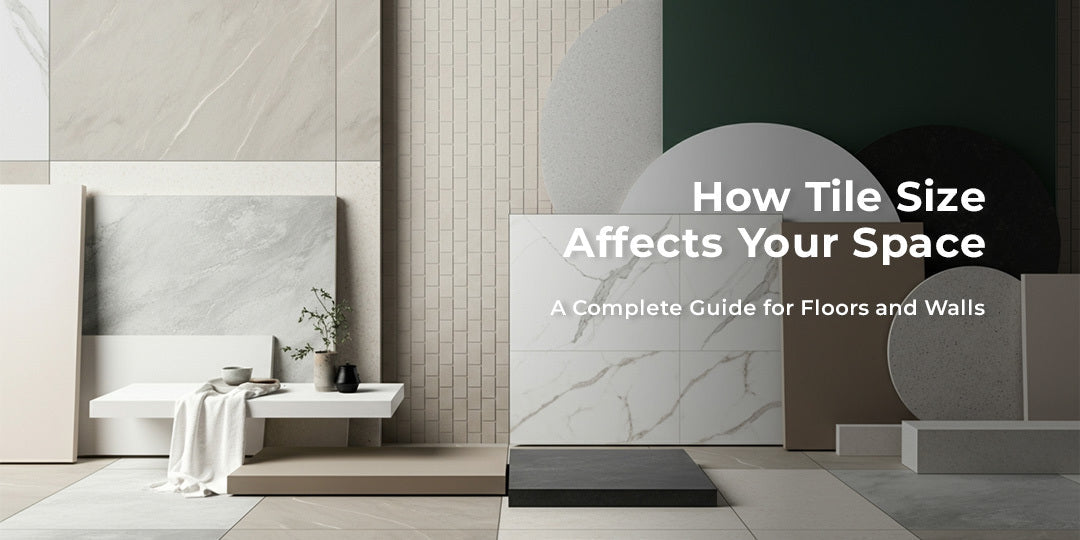 Image have a font saying "Room by Room Flooring Guide, Image is explaining how different tile sizes affect your room and flooring experience, Image also have a various tile sizes stacked in a showroom