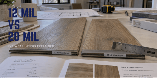 Two luxury vinyl plank samples with different wear-layer constructions placed in a modern living room showing 12 mil and 20 mil LVP comparison.