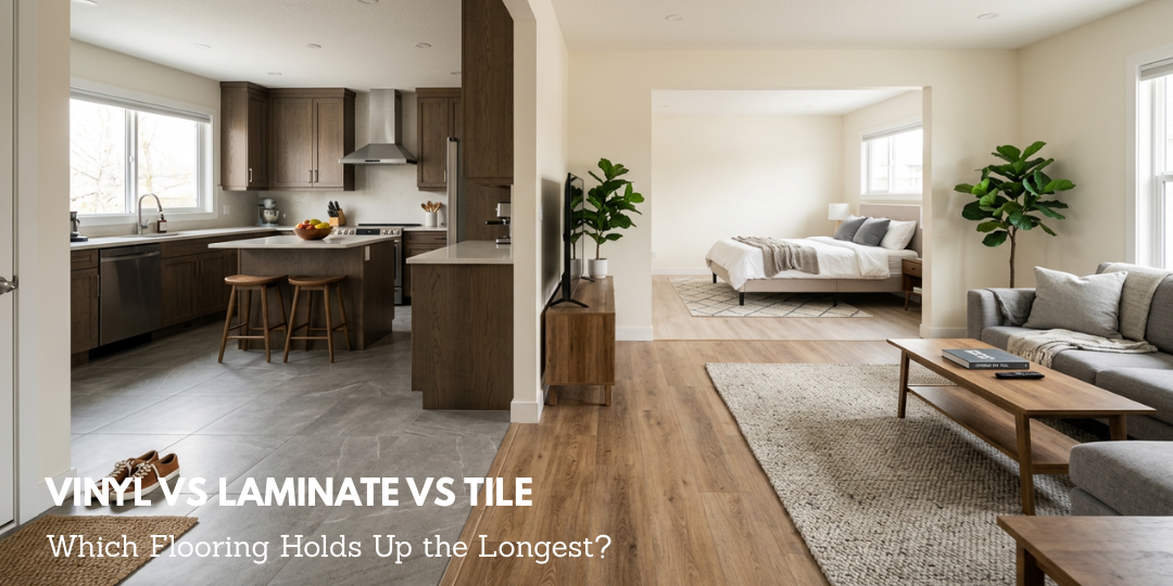 Image is showing 3 different rooms in One, Kitchen, Living Room and Bedroom, Image have a font "Vinyl vs Laminate vs Tile", its a comparison between flooring which can last more
