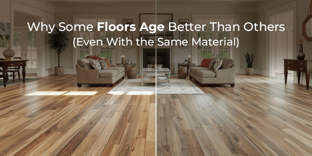 Image is showing 2 different vinyl flooring installed in 2 different rooms, Image is displaying font of "Why Some Floor Age better than others (Even with the same material)