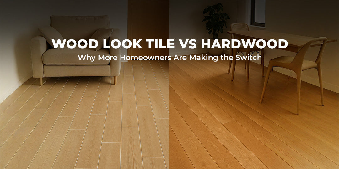 Image is showing two different flooring, one is Wood Look Tile and One is Hardwood Flooring, Image have fonts in white colors and saying Wood Look Tile vs Hardwood