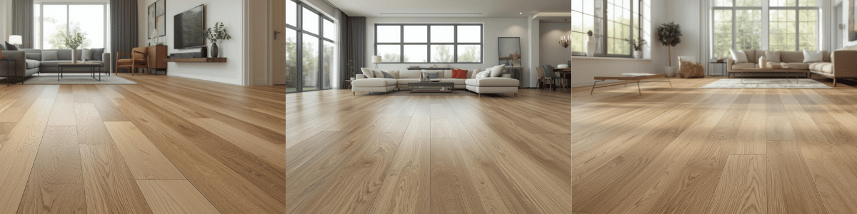 3 different rooms having 9x72 Vinyl Planks installed, all three image is showing a open space lviing room