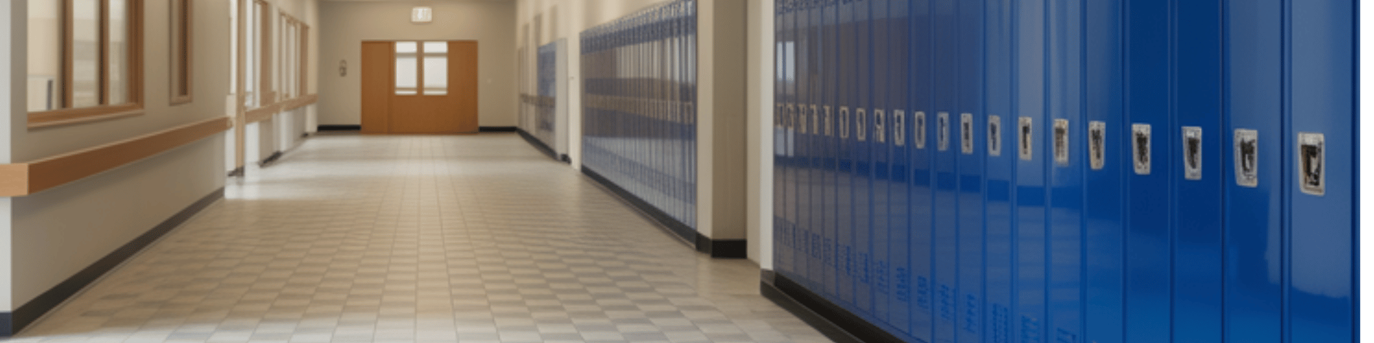 VCT Tile | Image is showing a School Corridor with VCT Tile installed, and have Locker room visible, Image is showing Vinyl Composite Tile installed on School Floor