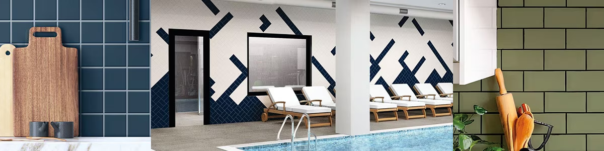 Daltile Color Wheel Classic Tile Roomscenes | Image is showing 3 different locations where color wheel classic is installed, Kitchen, Guest Room and Pool Area having Ceramic Wall Tiles by Daltile Installed