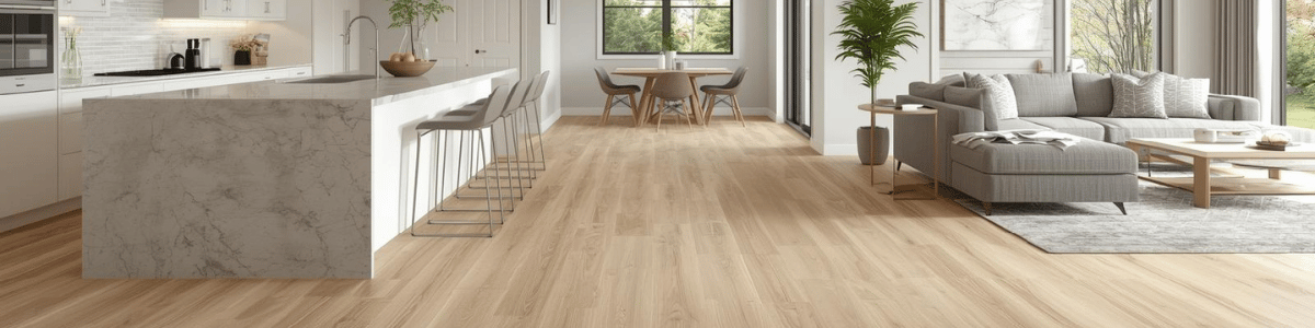 Vinyl Plank Flooring | Luxury Vinyl Planks at Floors Center | Image is showing a large room with lounge and open kitchen, A Sofas, Vinyl FLooring installed, and granite countertop island