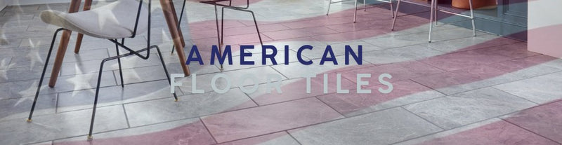 Floor Tile | American Floor Tile | Wood Look American Tile, Image is showing American floor tiles category banner showing flag overlay and interior tile installation