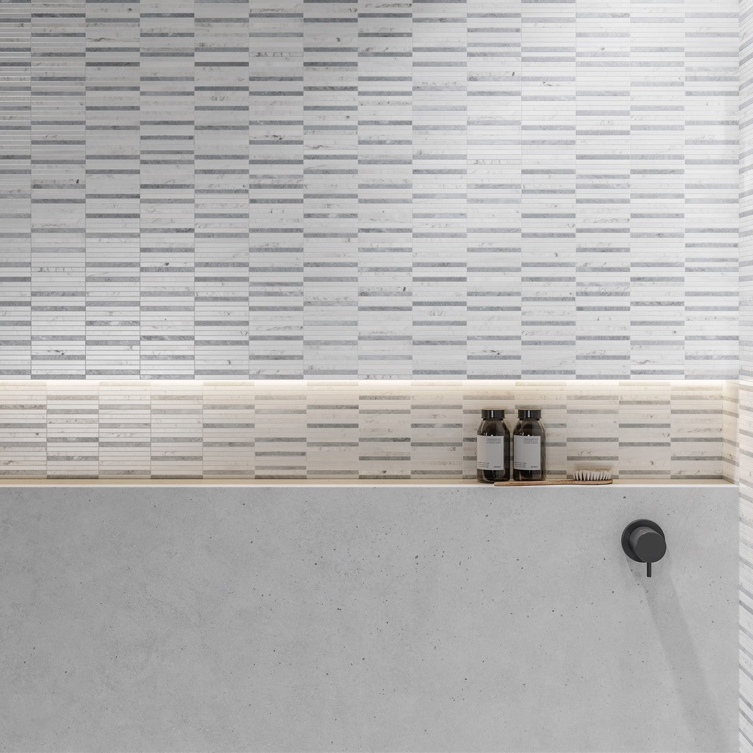 Anatolia-Utopio-12-x-12-Honed-Marble-0.5x6-Stacked-Mosaic-Polar