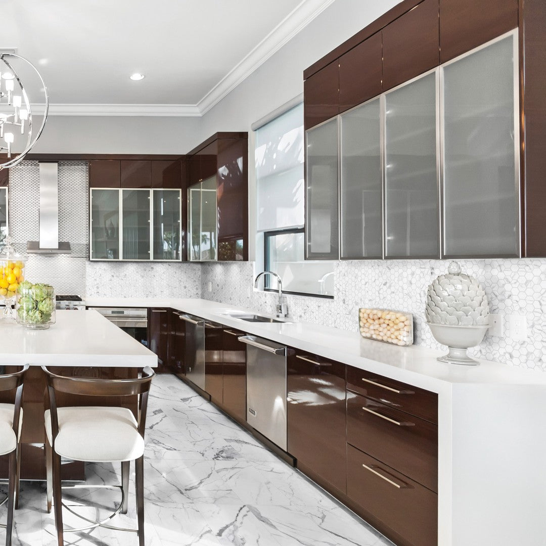 Tesoro-Mayfair-11.5-x-12-Rectified-Polished-1.25-Hexagon-Porcelain-Mosaic-Statuario-Venato