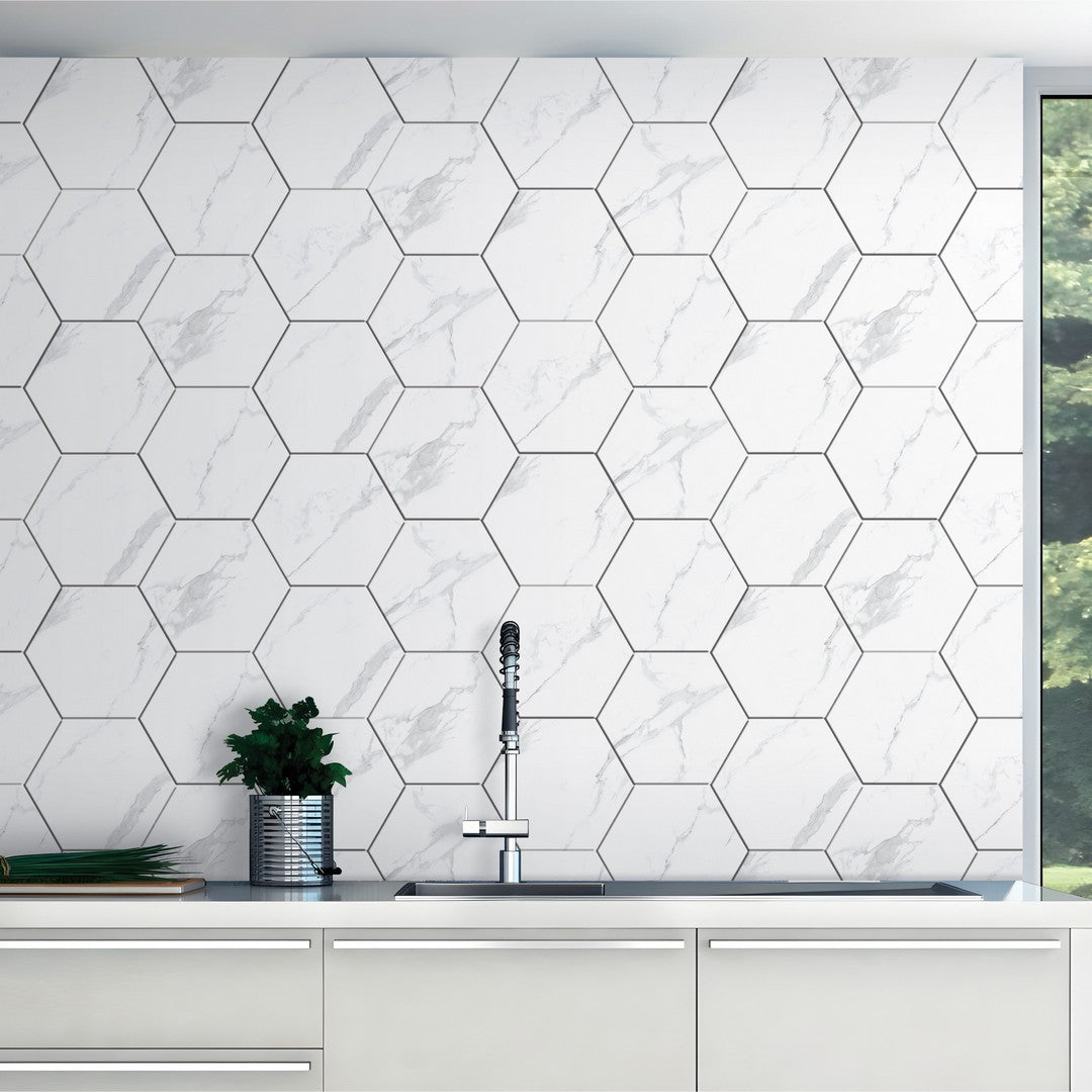 Tesoro-Nusa-8.25-x-9.75-Pressed-Matte-Porcelain-Hexagon-Tile-White-Statuario