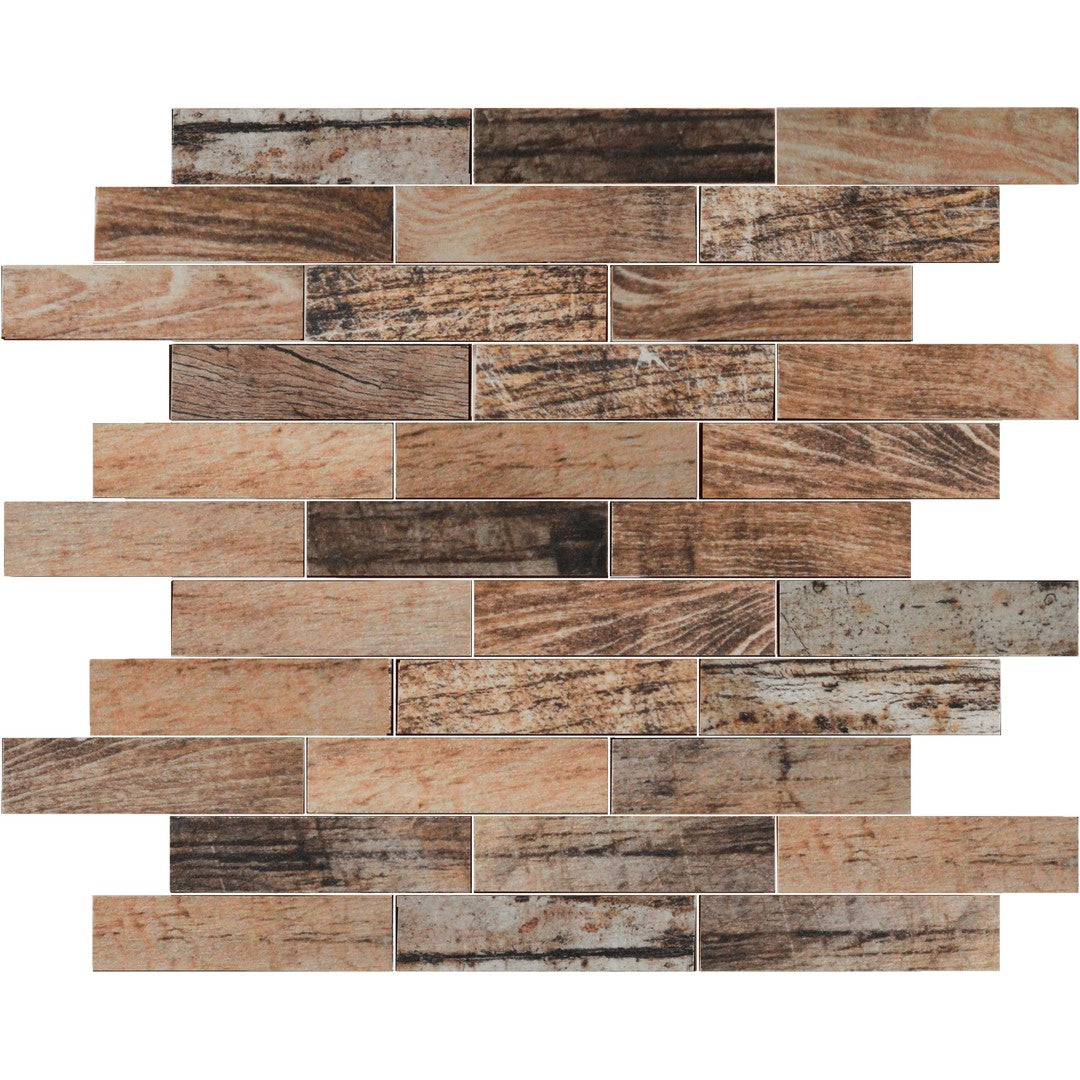 Bati Orient Wood Series 12" x 12" Glazed Ceramic 1.1x4" Interlocking Mosaic