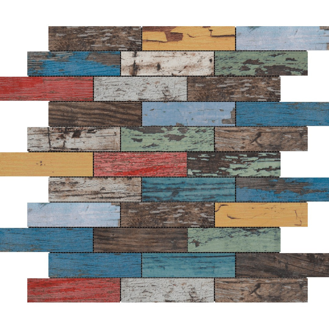 Bati Orient Wood Series 12" x 12" Glazed Ceramic 1.1x4" Interlocking Mosaic