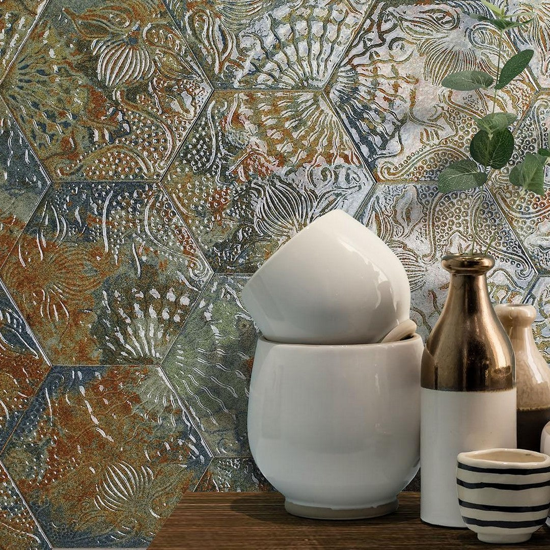 Tesoro-Gaudi-8.5-x-9.75-Pressed-Embossed-Hexagon-Porcelain-Tile-Reactive-Ocean