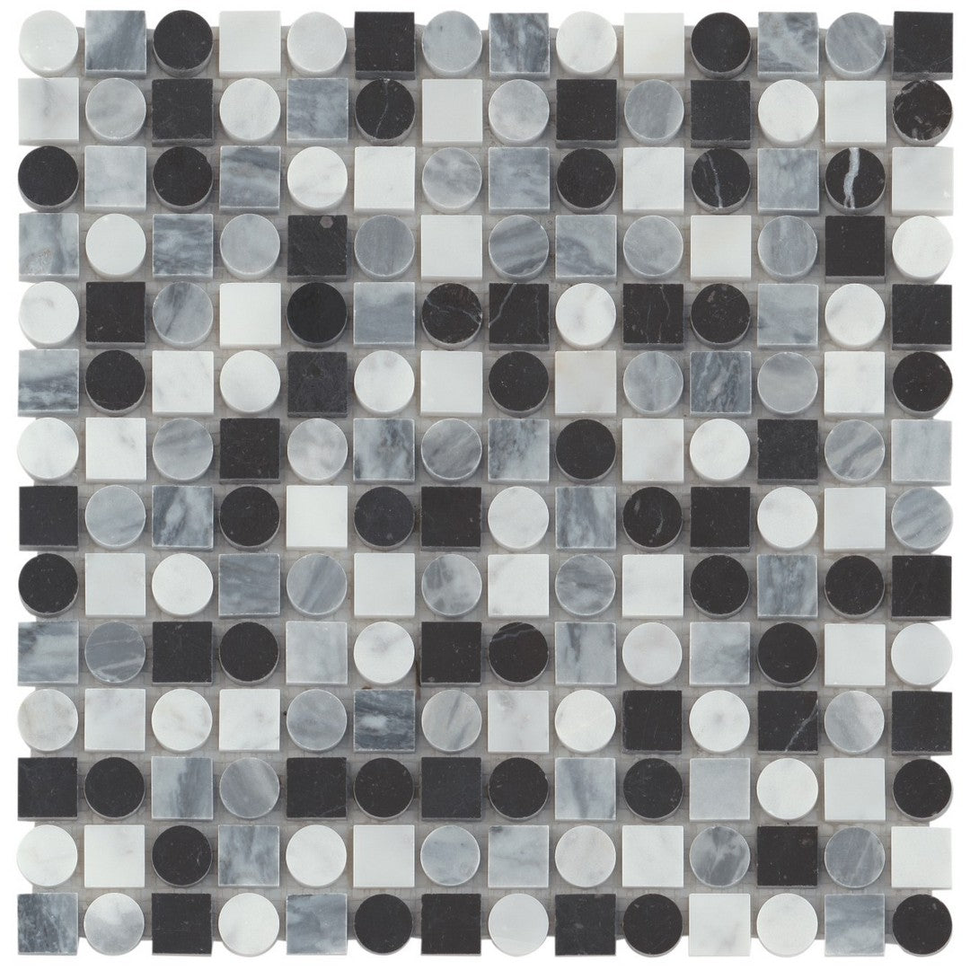 Bedrosians-Modni-12-x-12-Monroe-Honed-Marble-Mosaic-Tile-White-Carrara,-Nero-Marquina-&-Bardiglio-Nuvolato