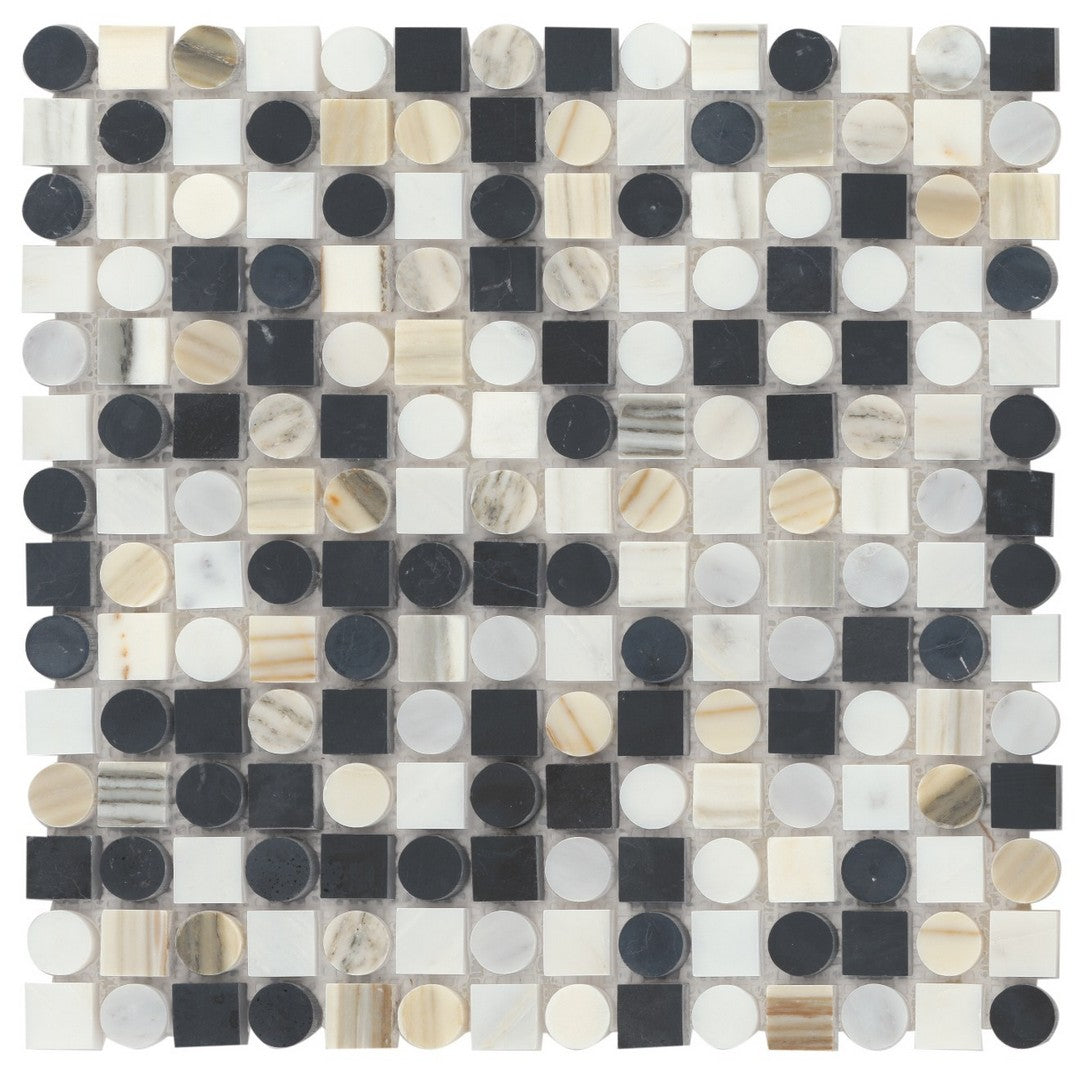 Bedrosians-Modni-12-x-12-Monroe-Honed-Marble-Mosaic-Tile-Eastern-White,-Nero-Marquina-&-Calcatta-Zebrino