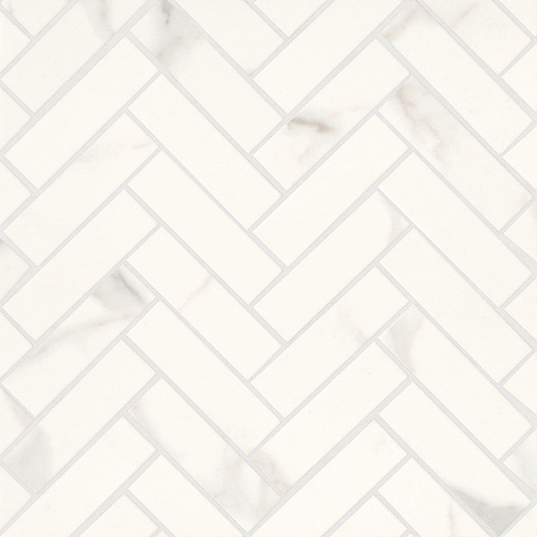 Bedrosians Magnifica 1" x 4" Calacatta Super White Polished Herringbone Mosaic