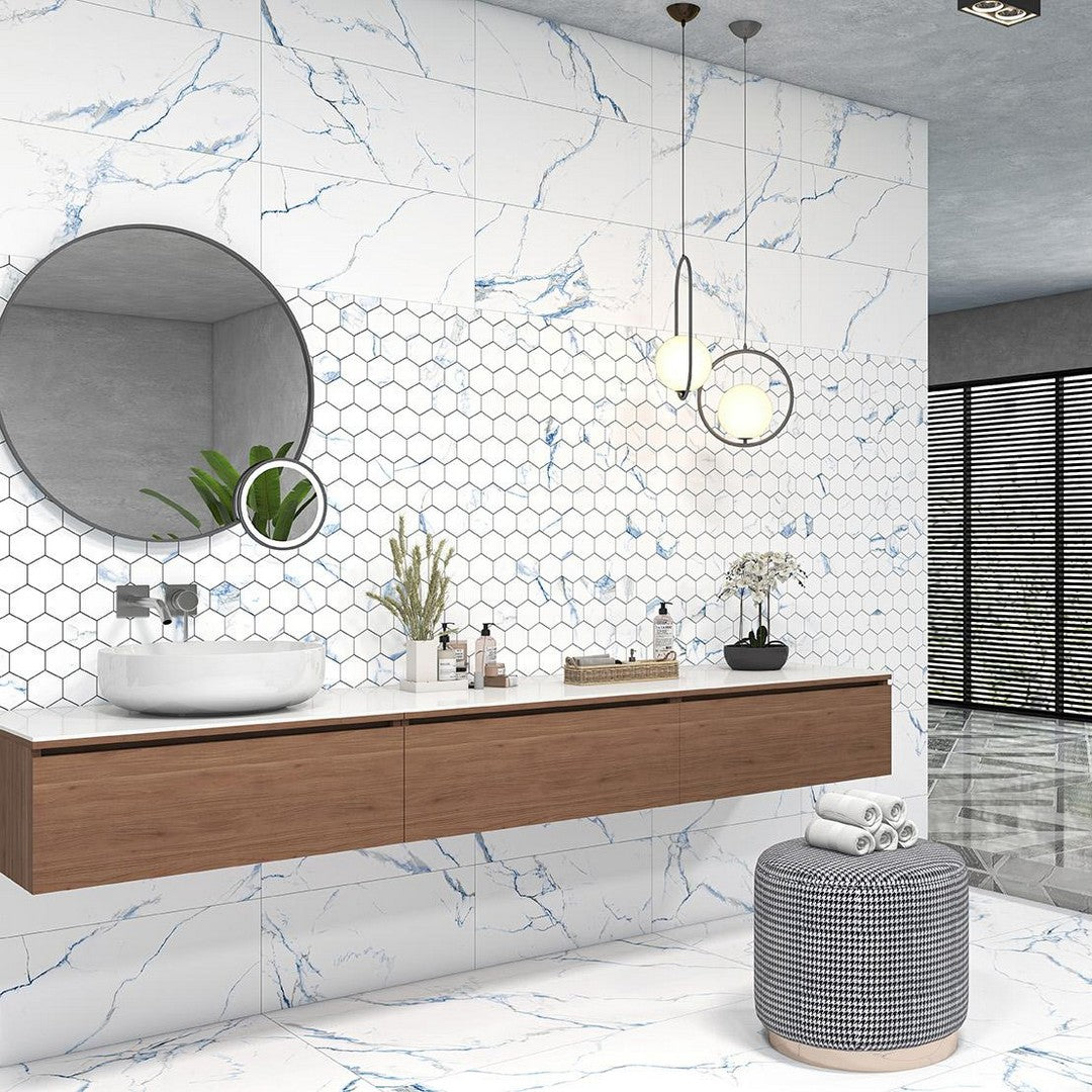 Tesoro-Indigo-10.25-x-11.75-Rectified-Matte-Hexagon-Porcelain-Mosaic-Calacatta-Blue