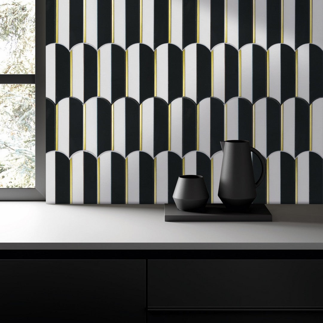 Tesoro-Showtime-13.25-x-10.25-Polished-Waterjet-Natural-Stone-Mosaic-Thassos-Nero-With-Metal-Inlay