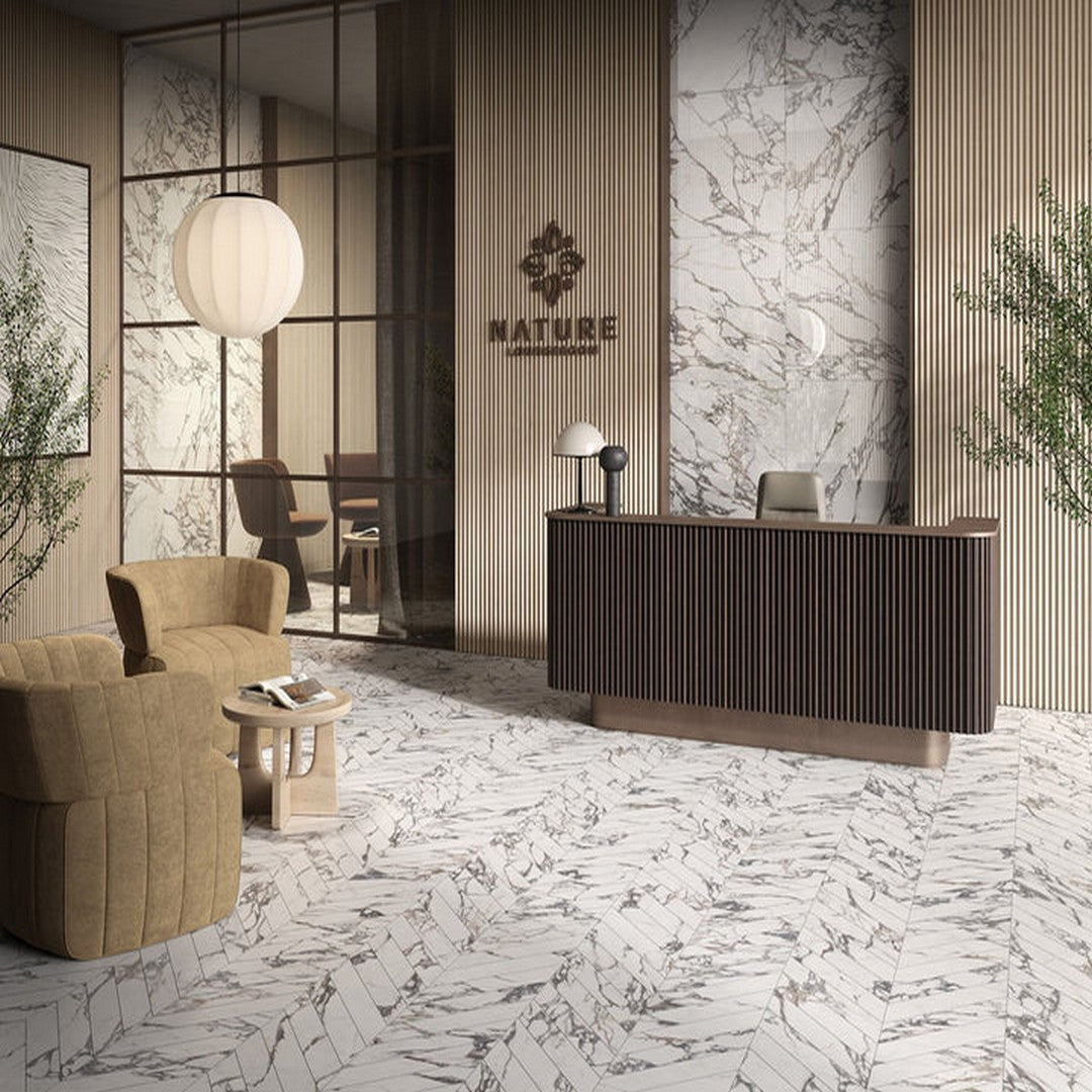 Florida-Tile-Indulge-4-x-21-Rectified-Polished-Porcelain-Mosaic-Arabescato