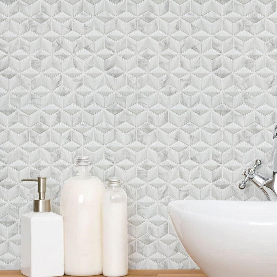 Happy-Floors-Endura-10.5-x-10.5-Recycled-Glass-3D-Rhomboid-Mosaic-Calacatta