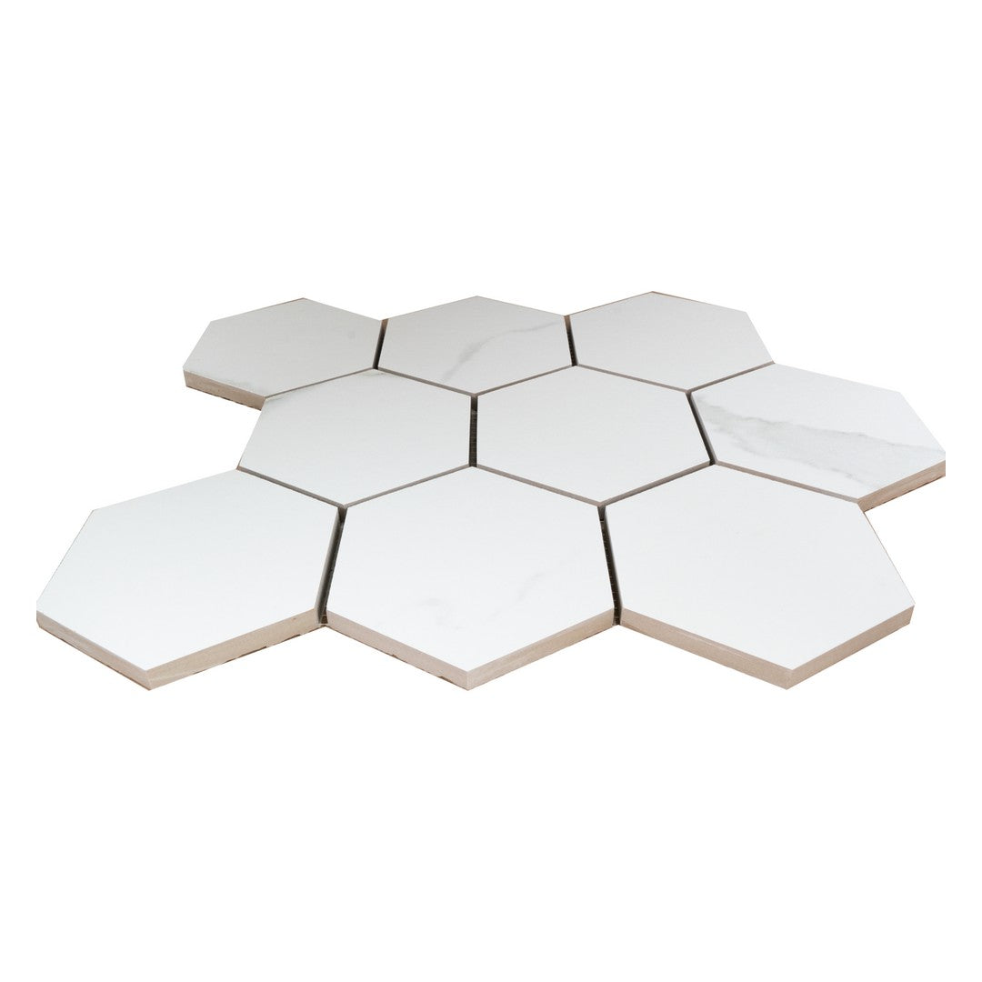 Keystone-Marble-Statuario-12"-x-12"-Matte-Porcelain-Hex-Mosaic-Marble-Statuario