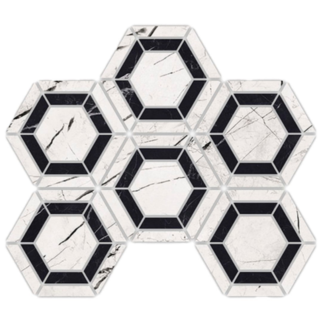 Keystone Marquina 12" x 12" Polished Porcelain W/B Double Hex Mosaic