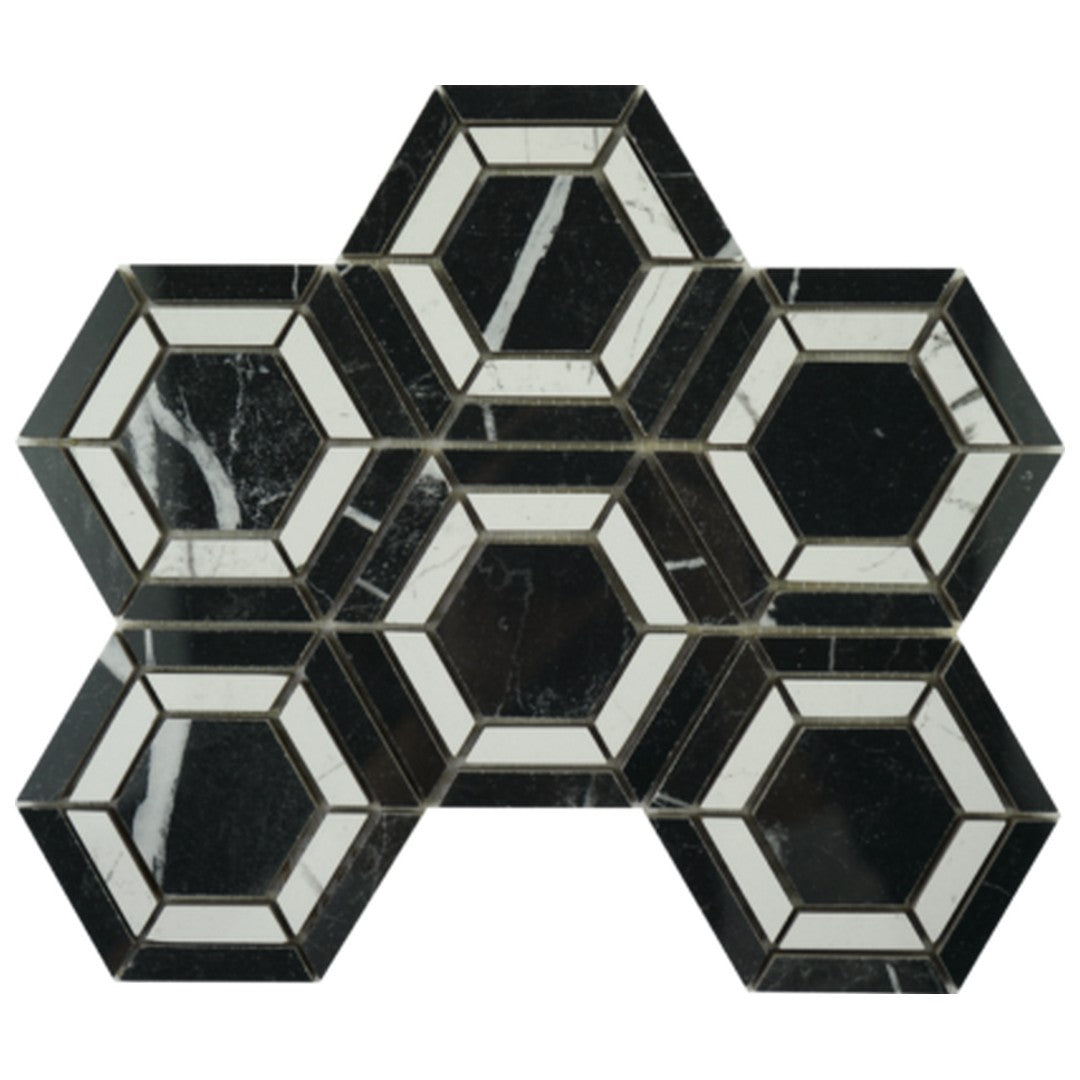 Keystone Marquina 12" x 12" Polished Porcelain B/W Double Hex Mosaic
