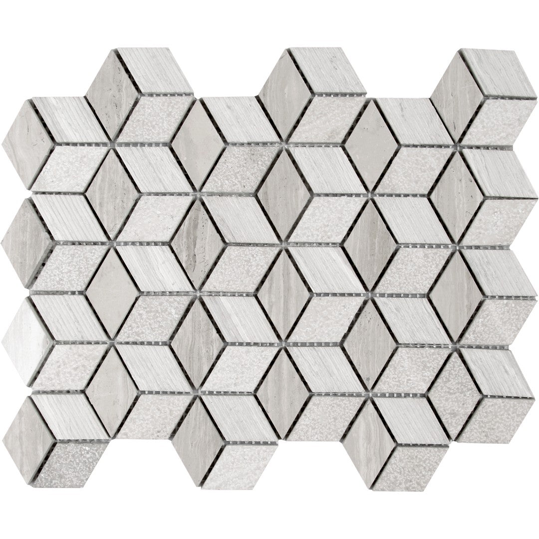Bati Orient White & Grey Marble Classic 12.4" x 9.5" Multi 3D Diamond Mosaic