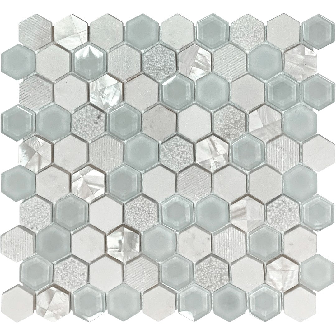Bati Orient Terrazzo 11.6" x 12" Hexagon Mother Of Pearl, Glass & Marble Mosaic