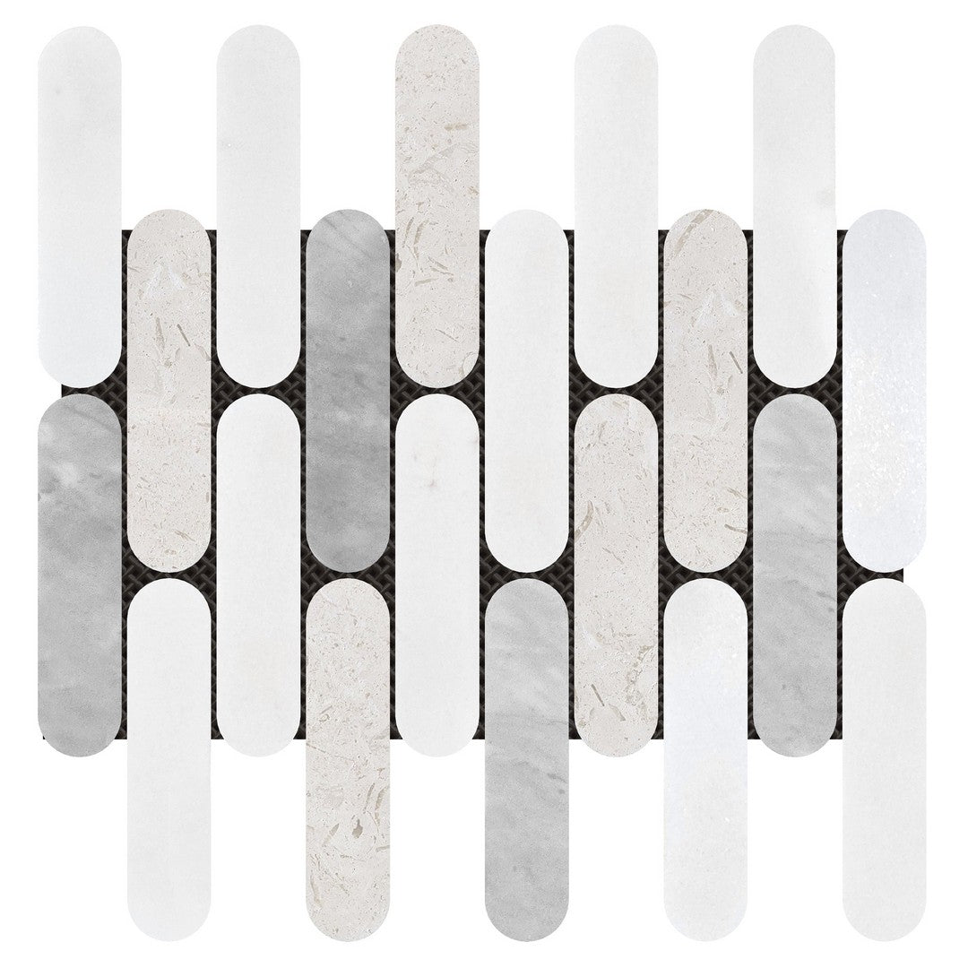 Bati Orient White & Grey Marble Classic 11.5" x 12" Interlocking 2x6" Elongated Round Mosaic