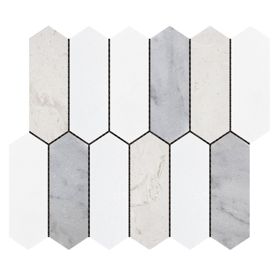 Bati Orient White & Grey Marble Classic 10" x 12" Interlocking 2x6" Picket Mosaic