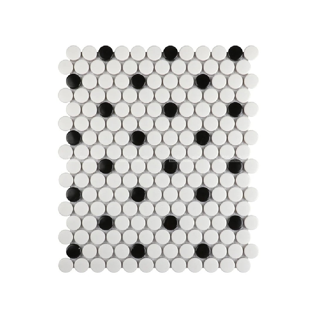 MS International White And Black 12" x 13" Glossy Penny Round Porcelain Mosaic