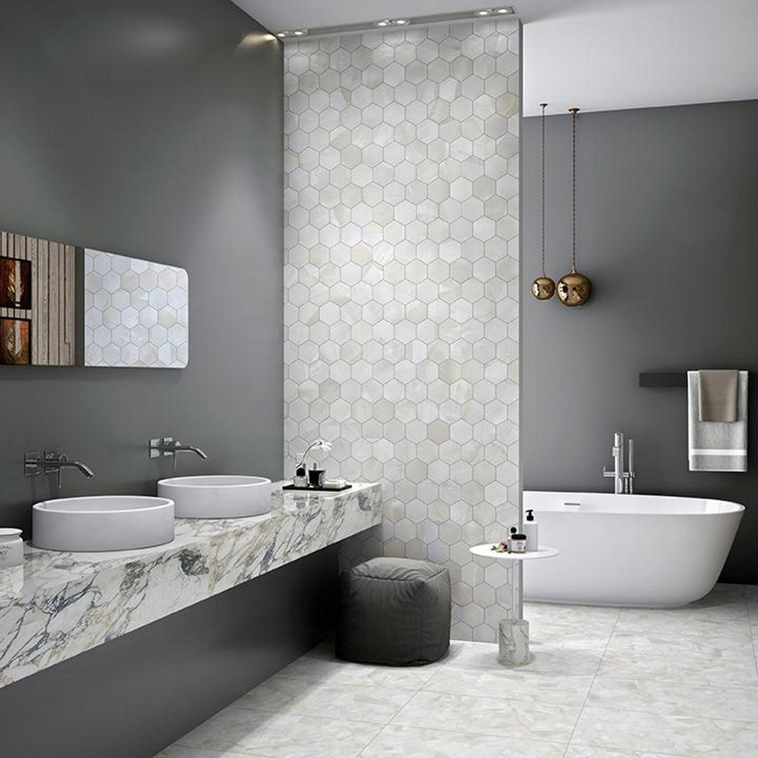 Tesoro-Mother-Of-Pearl-11.75-x-10.25-Rectified-Polished-3-Hexagon-Porcelain-Mosaic-Ivory