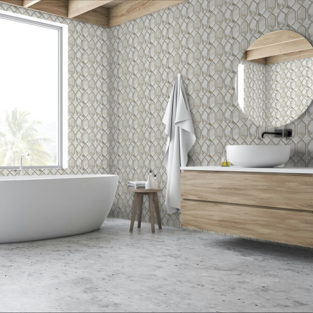 Qualis-Ceramica-Luxury-12-x-13-Rectified-Polished-Porcelain-Modella-Mosaic-Amalfi-Calacat