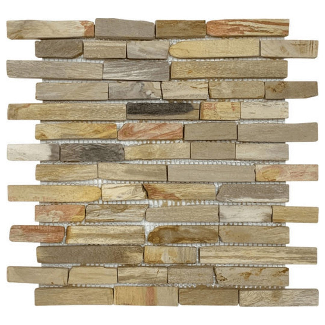 Qualis Ceramica Chelsea 11.6" x 12" Natural Stone Fossil Wood Mix Baguette Mosaic
