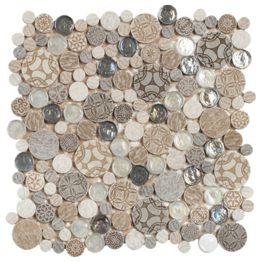 Qualis Ceramica Chelsea 12" x 12" Mixed Material Penny Round Decor Glass Stone Mosaic