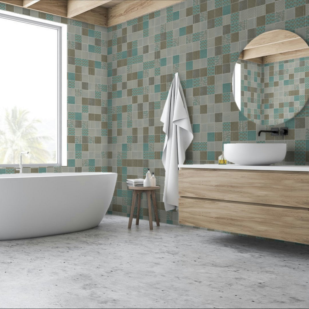 Qualis-Ceramica-Chelsea-12-x-12-Glass-4-Geometric-Random-Pattern-Mosaic-Beige-Green