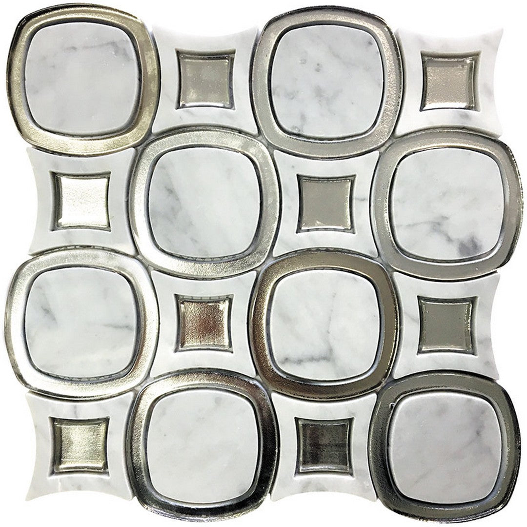 MiR Waterjet 11.4" x 11.4" Interlocking Bianco Carrara & Glass Natural Stone Mosaic
