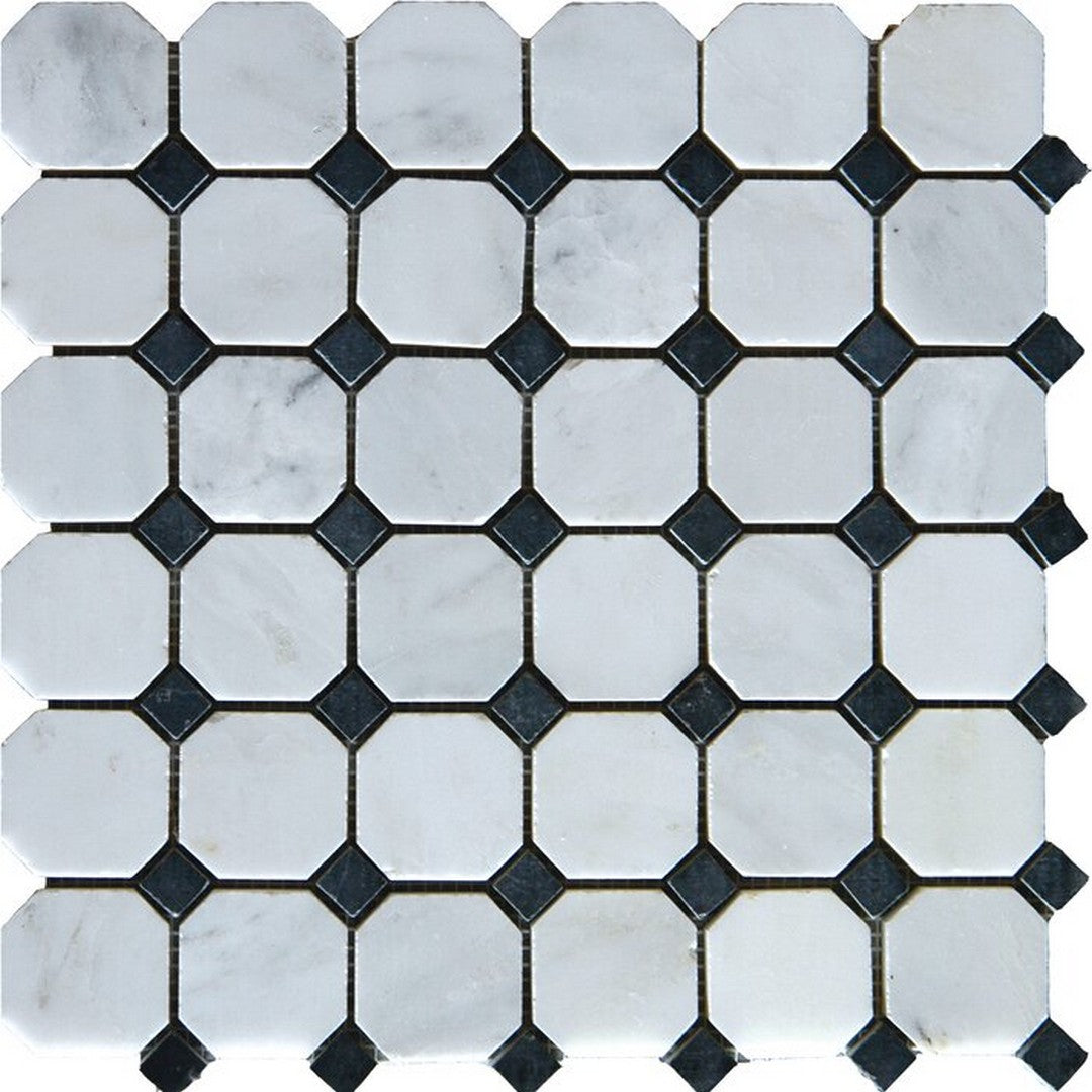 MS International Arabescato Carrara 12" x 12" Honed Marble Octagon with Black Dots 2" Mosaic