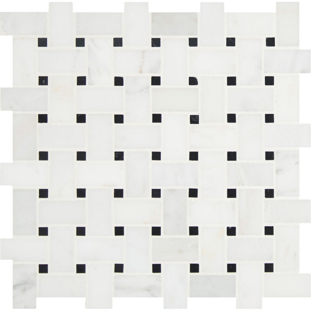 MS International Arabescato Carrara 12" x 12" Honed Marble Basket Weave with Black Dots Mosaic