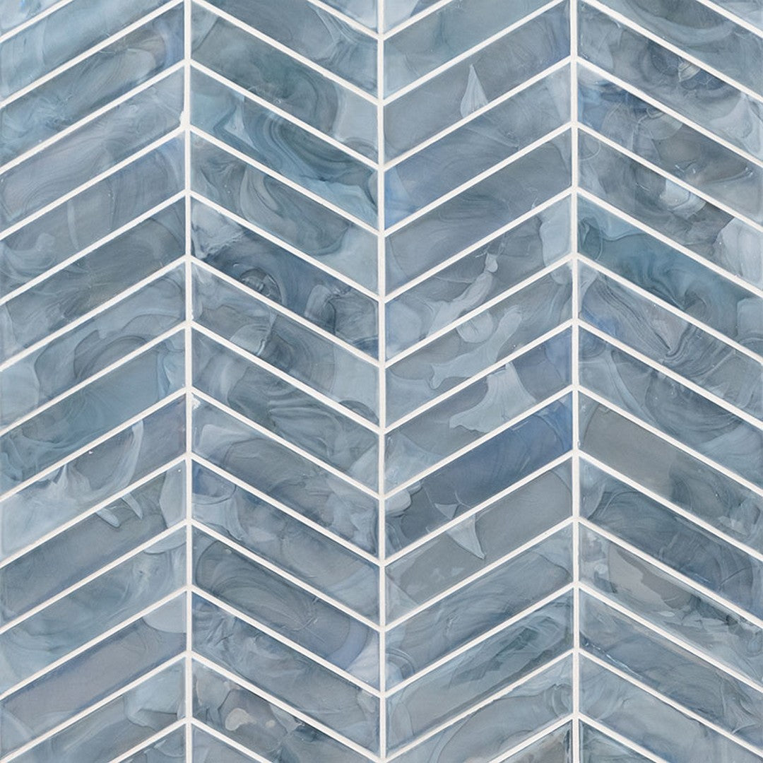 MS International Blue Shimmer 11.85" x 9.95" Glossy Glass Chevron Mosaic