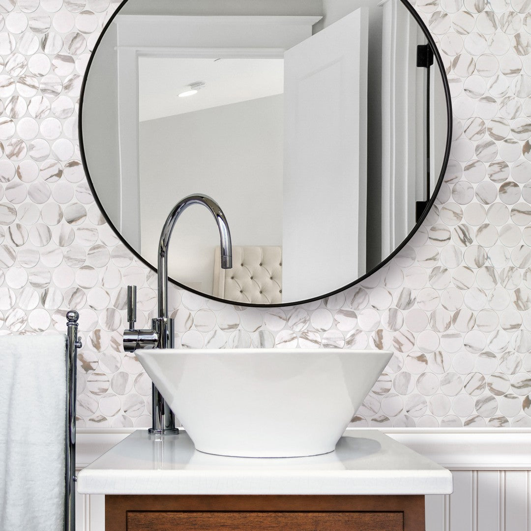 Tesoro-Native-10.25-x-11.5-Matte-2-Penny-Round-Glass-Mosaic-Calacatta