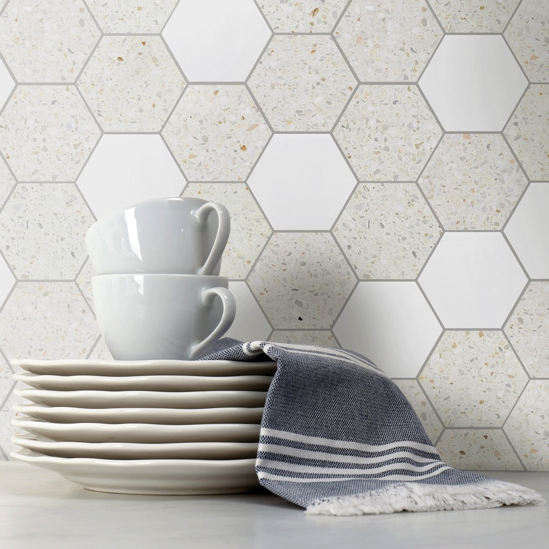 Tesoro-Venice-10.5-x-12-Honed-3-Hexagon-Random-Natural-Stone-Mosaic-Sand-Dolomite-Terrazzo