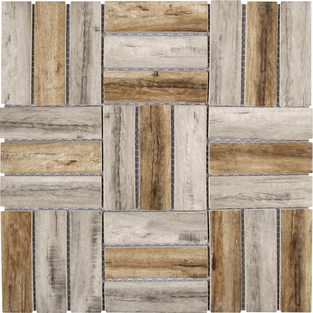 Bati Orient Linear Glass 11.7" x 11.7" Matte Stacked Square Wood Look Mosaic