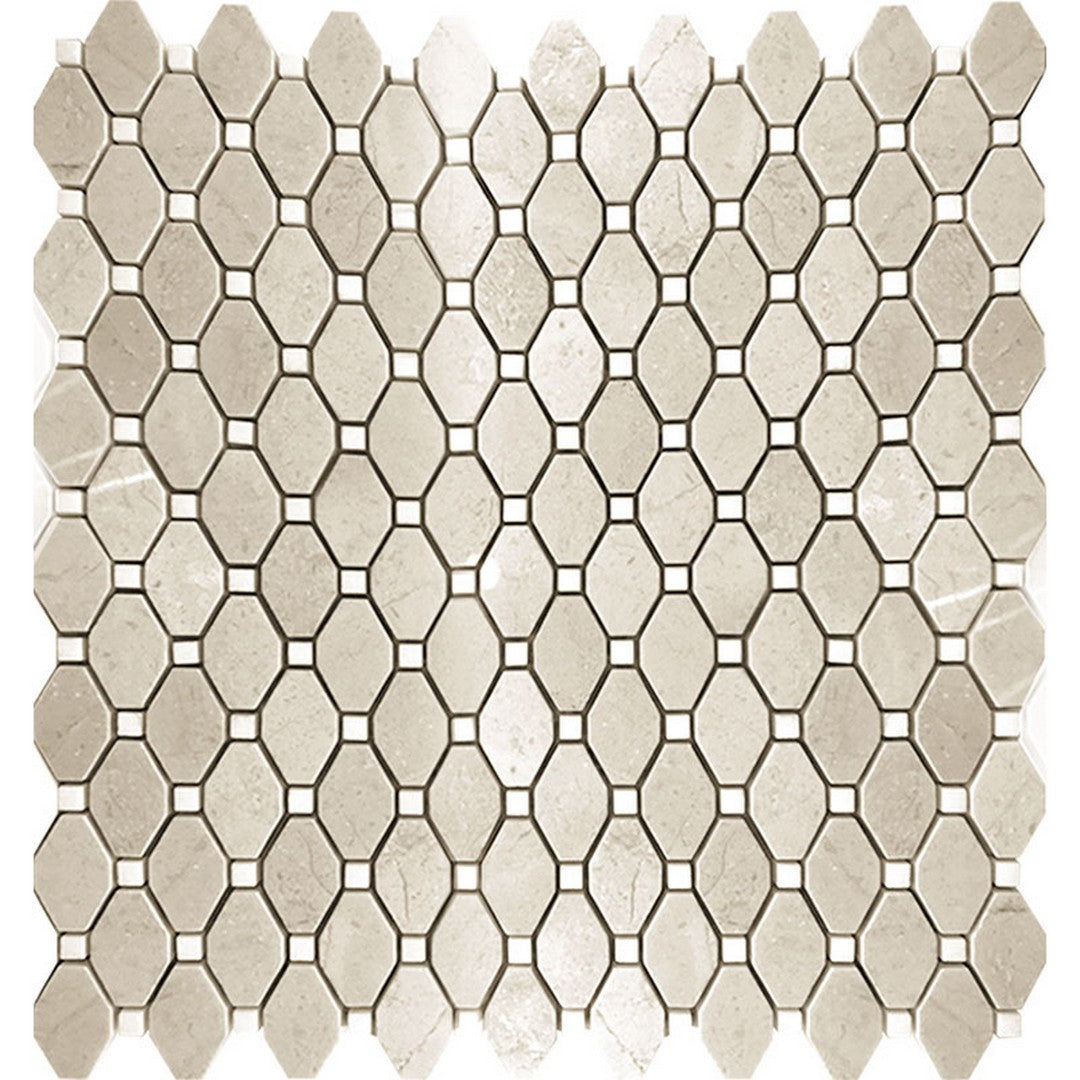MiR Valencia 11.8" x 12.4" Crema Marfil & Eastern White Interlocking Polished Octagon & Dot Mosaic