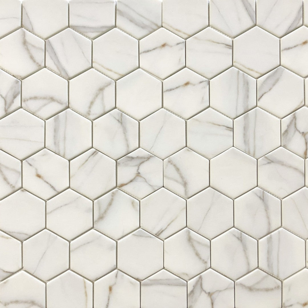 Ottimo-Verona-12-x-12-Matte-Recycled-Glass-Hexagon-Mosaic-Gold-Calacatta-Oro